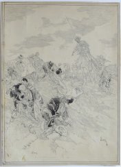 Daniel Urrabieta Vierge: La liberación de los galeotes: escena del Quijote. Dibujo, ca. 1897-1902. Inventario 10324.